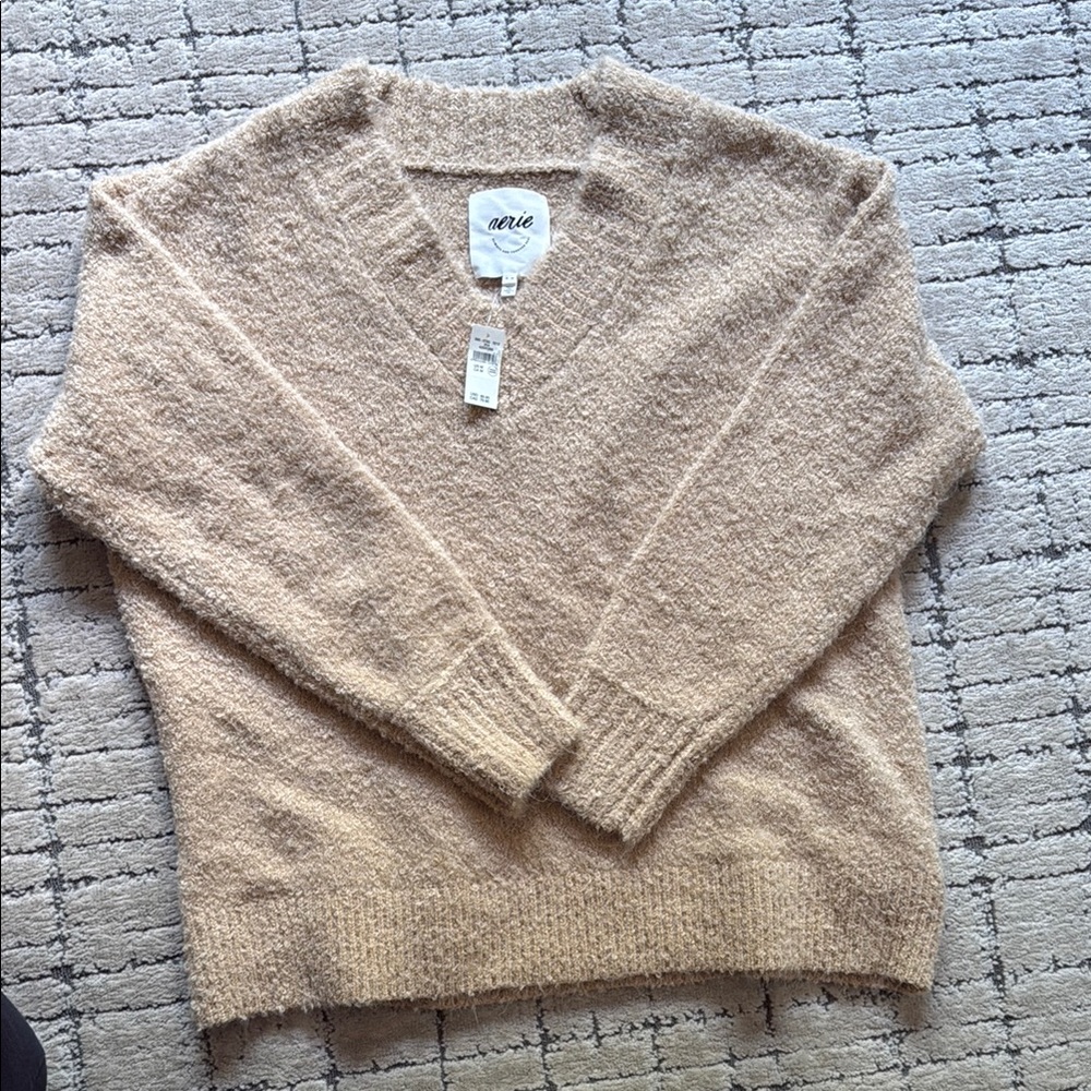 Aerie Cozy V-Neck Sweater in Beige
